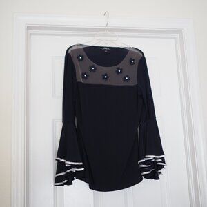Prelude Navy Blue Top with Mesh Top and Flower Accents & Bell Sleeves Size Small